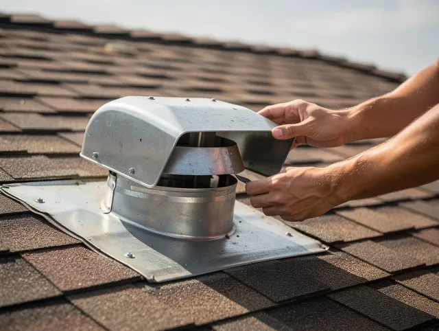 North Olmsted Dryer Vent Cleaning certified technician safely cleaning a roof-mounted dryer vent in North Olmsted
