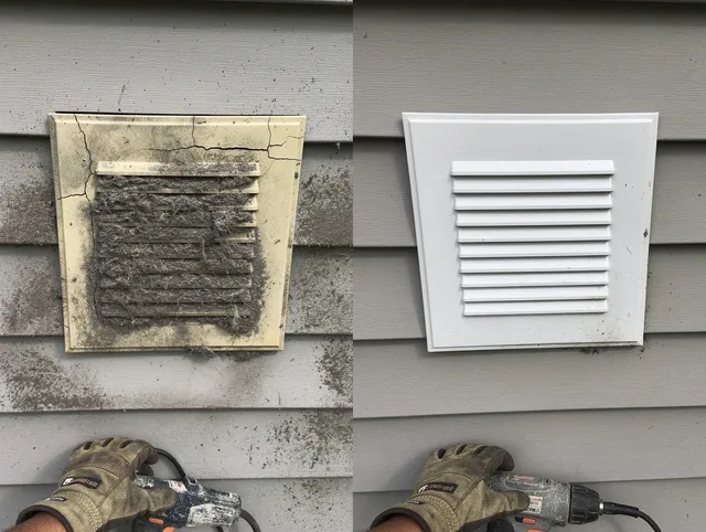 North Olmsted Dryer Vent Cleaning technician installing high-quality dryer vent cover at a residential property in North Olmsted