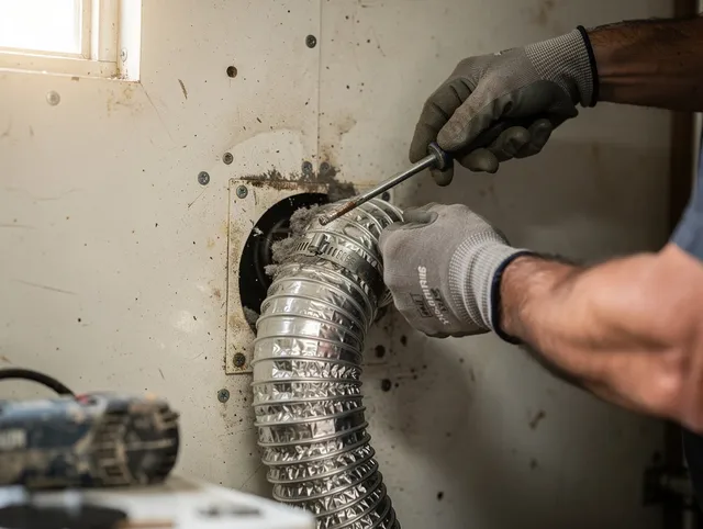 North Olmsted Dryer Vent Cleaning technician performing precise dryer vent hose installation in North Olmsted